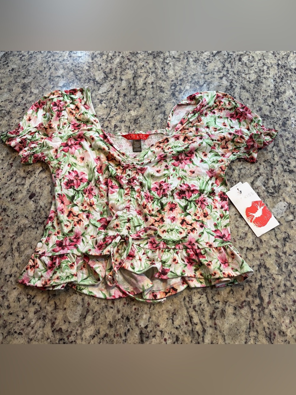 Hot Kiss Pink and Green Floral Tie-Front Ruffled Peplum Top